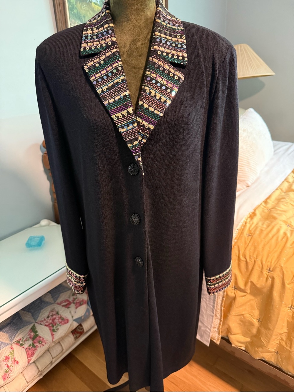 St. John Black Evening Jacket with Gold and Teal Embellishment